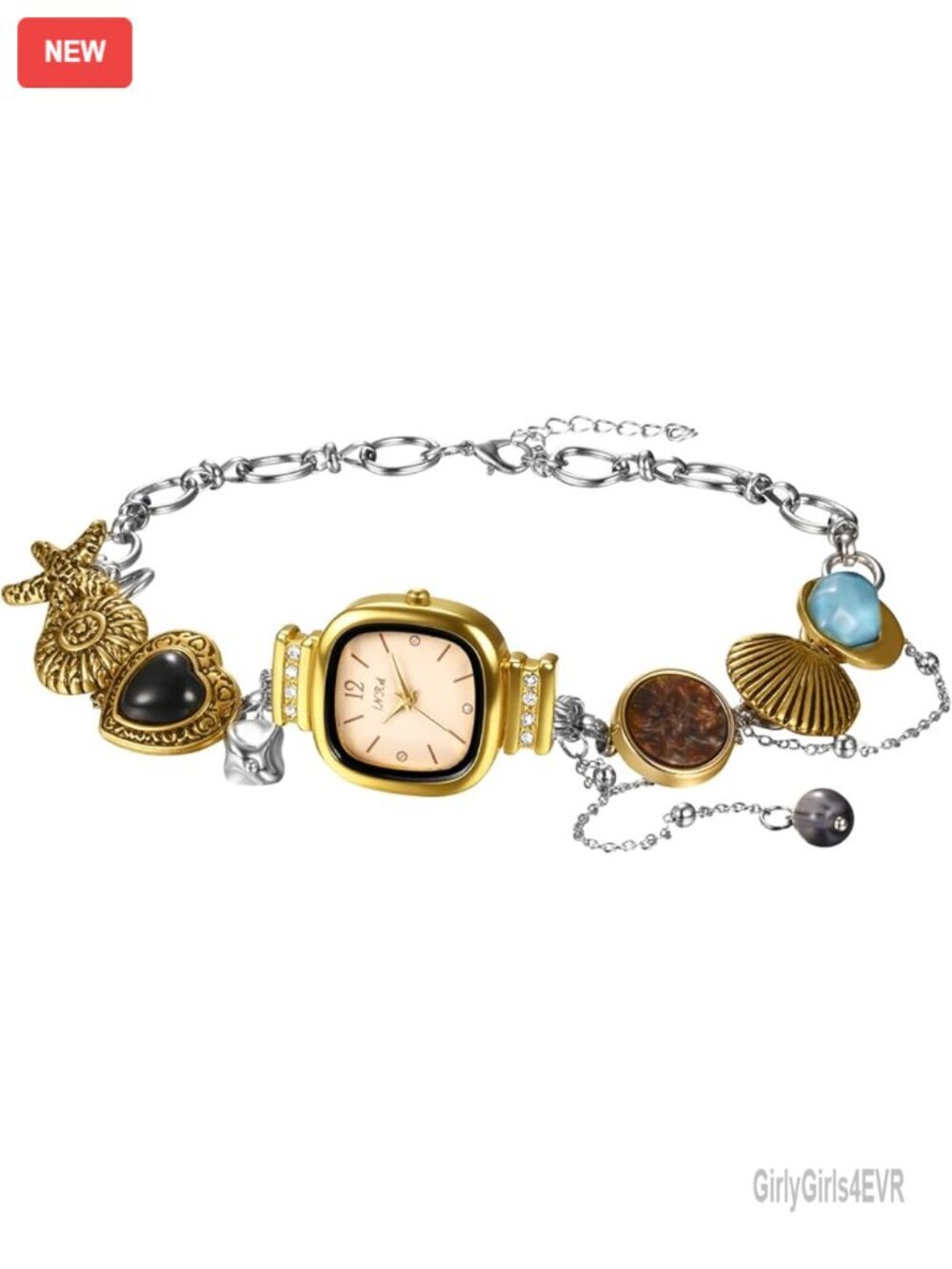 Square Watch Necklace with Seashell Starfish Charms Gold Silver Two-Tone